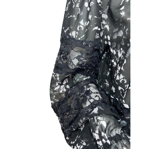 DKNY Blouse M Black White Speckled Lace Trim Long Sleeves Ruffle Neck Ties Sheer - Picture 11 of 16